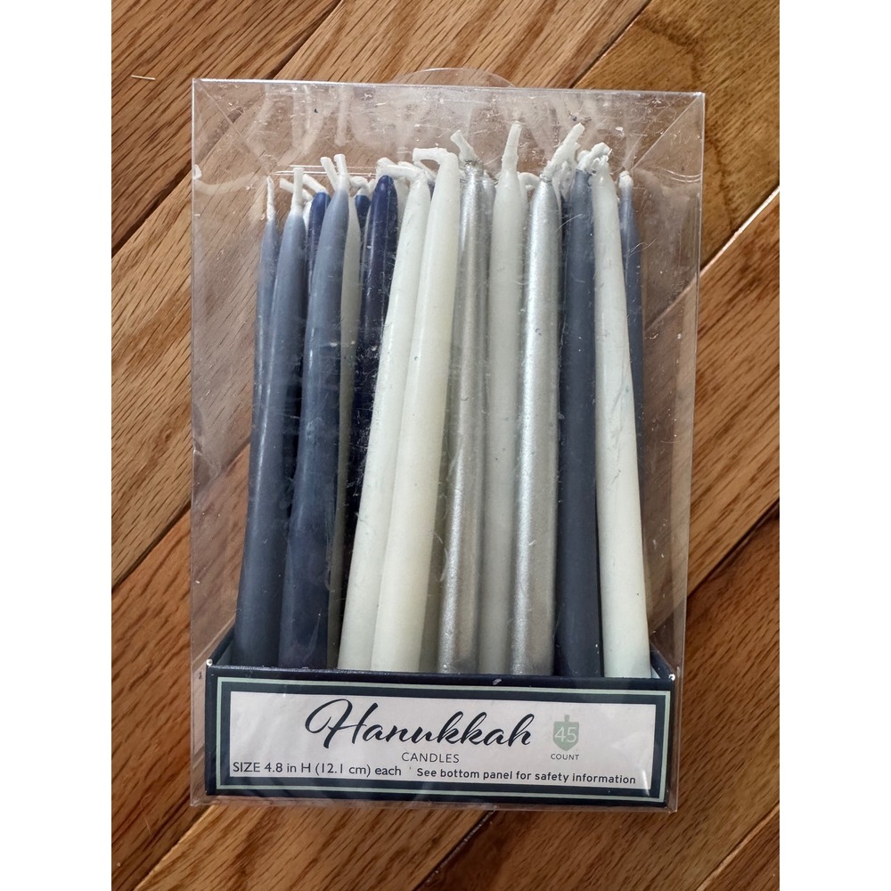Hanukkah Menorah Candles 44 Count 4.8 Inch Blue Silver White Wax Tapers Boxed